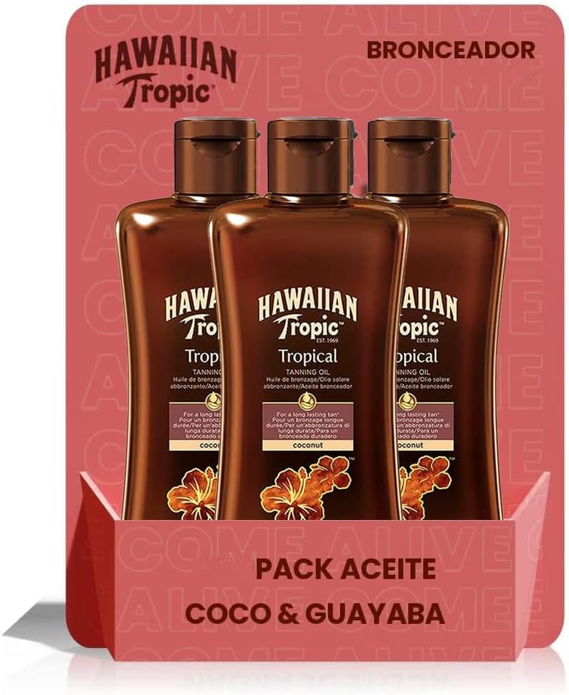 Hawaiian Tropic Tanning Oil SPF 0 - Unprotected Sun Tanning Oil, Skin Tanning Accelerator, Tropical Fragrance, Pack 3 Units x 200 ml
