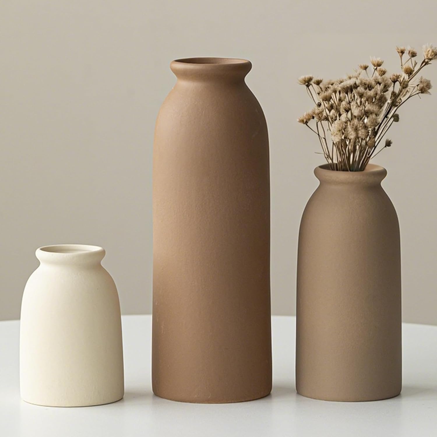 Set of 3 Small Ceramic Vases for Home Decor & Table Centrepieces, Rustic Farmhouse Style, Mini Decorative Flower Vases (Earth Tone M)
