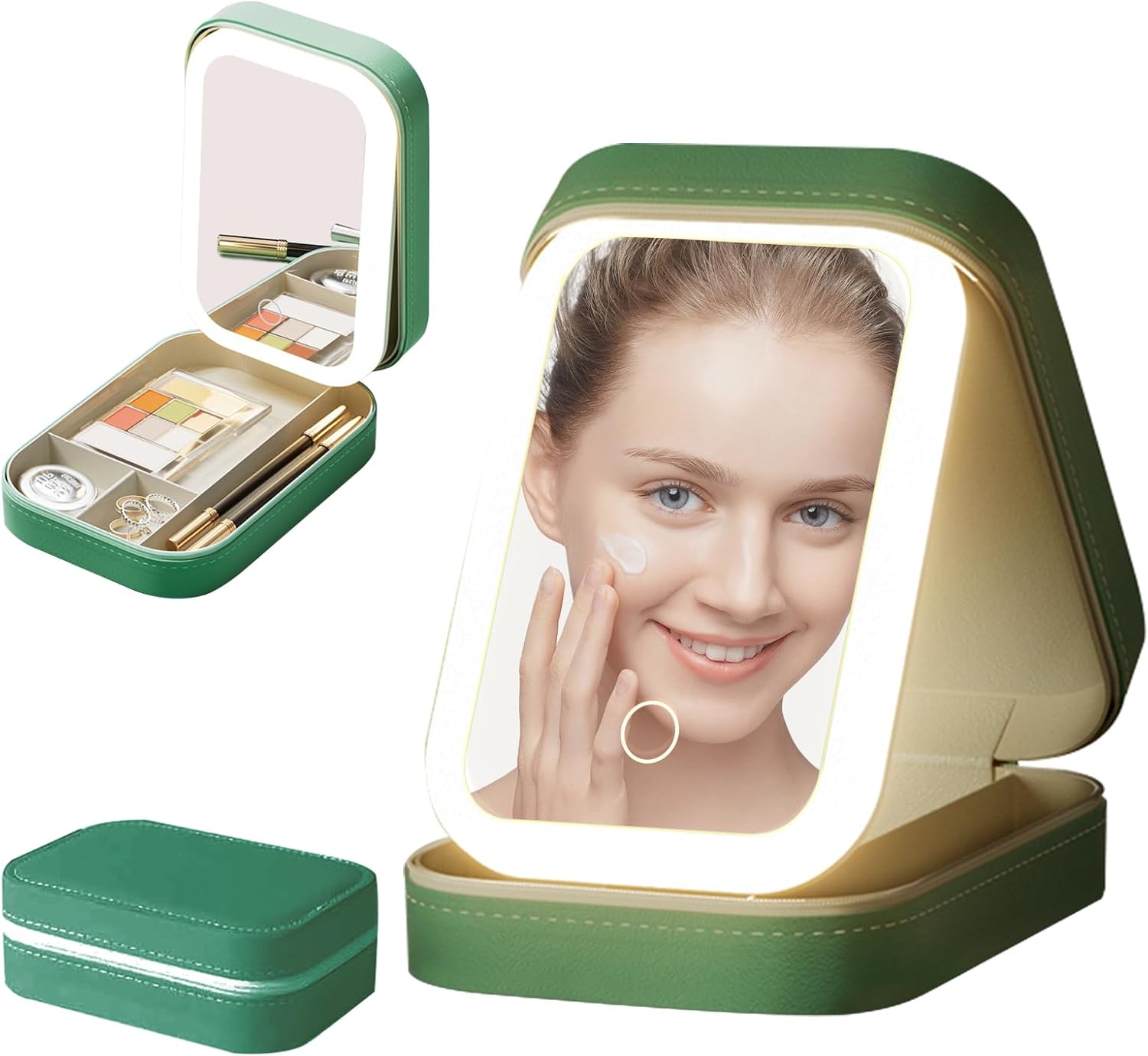 LED Three-Color Adjustable Makeup Mirror, 2025 New Travel Makeup Bag with Mirror, Rechargeable Makeup Bag with Led Mirror,Organizer Bag Portable Makeup Box (Green)