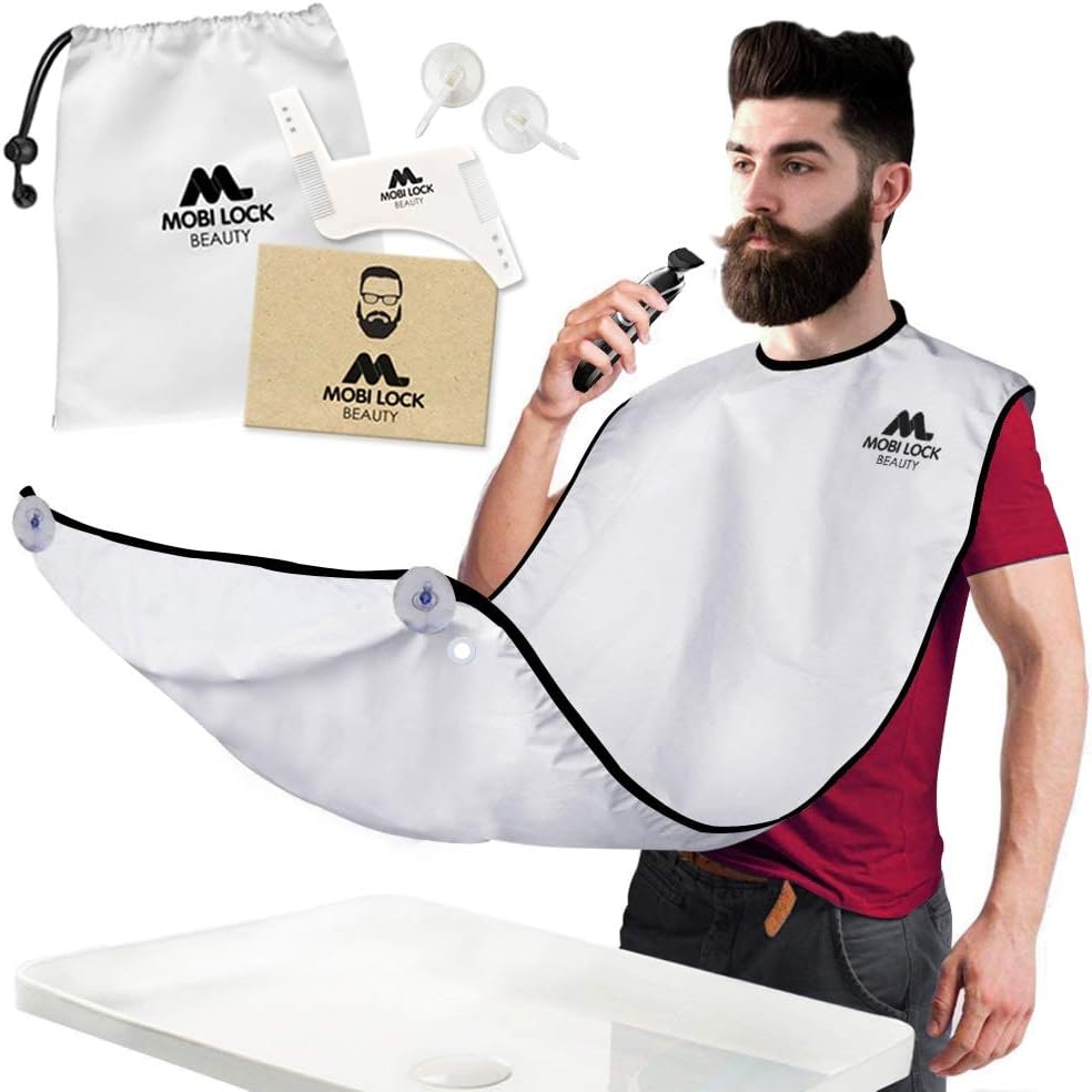 Mobi Lock Beard Bib Apron, Beard Shaving Catcher Bib - Trimming Apron and Shaving Cape - Gift for Men (Birthday, Father's Day, Christmas) - with Hooks, Storage box and E-Book