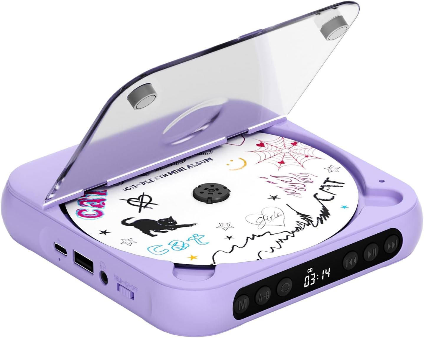 ENVYCLOUD CD Player Portable with Dual Stereo Speakers, Rechargeable Portable CD Player with Bluetooth for Home with Headphones, Support CD/AUX/USB, Purple