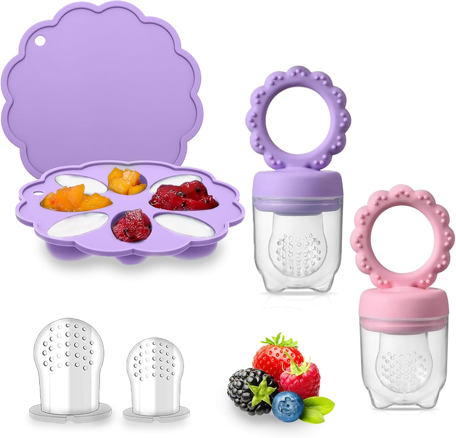 Fruit Feeder for Babies (4M+) - Includes Teething Dummy & Breast Milk Freezer Mold, BPA Free Fruit Feeder Pacifier for Baby Weaning Gum Soothing & Self-Feeding (Tato Purple/Candy Pink, 3Pack)