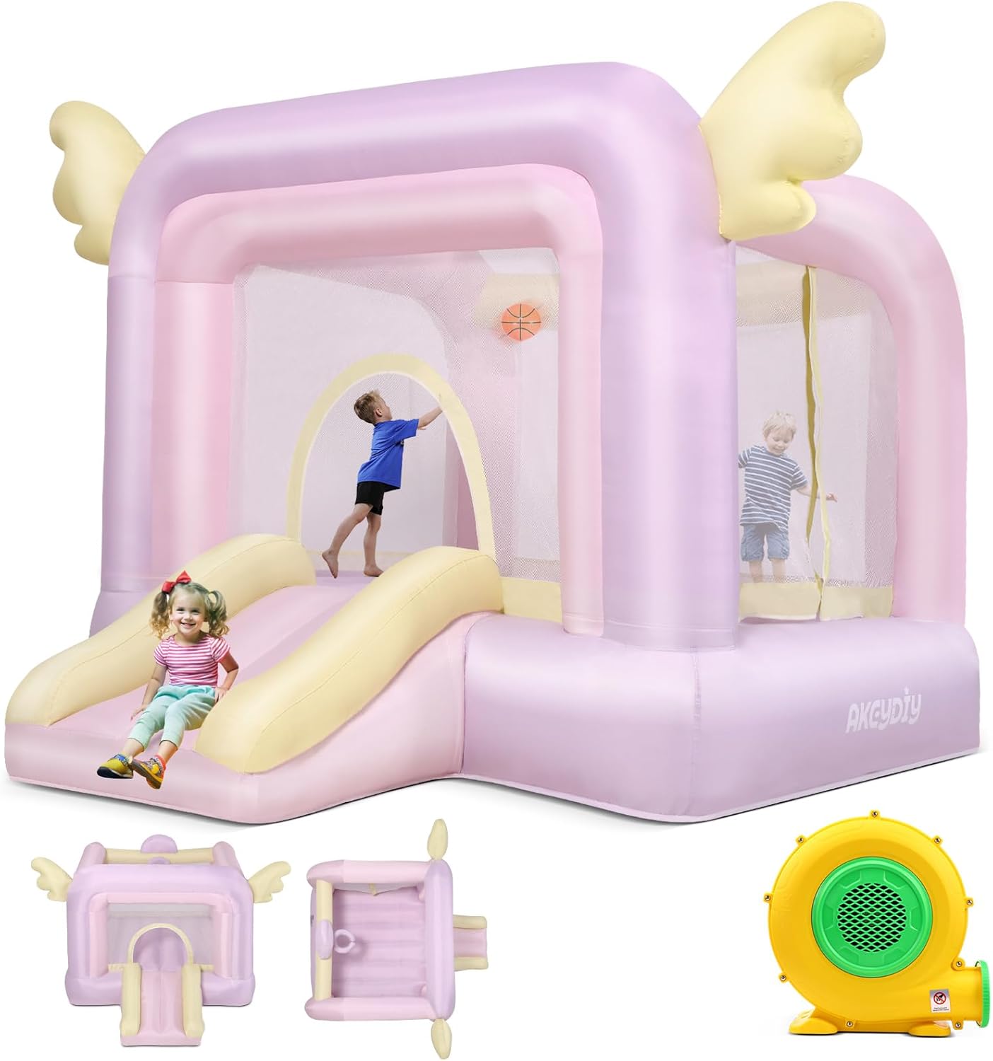 AKEYDIY Bounce House, Pastel Bouncer with Slide, Inflatable Jumping Bouncy Castle for Kids Girls Birthday Party Gifts Outdoor & Indoor Play Equipment, UL Blower Included
