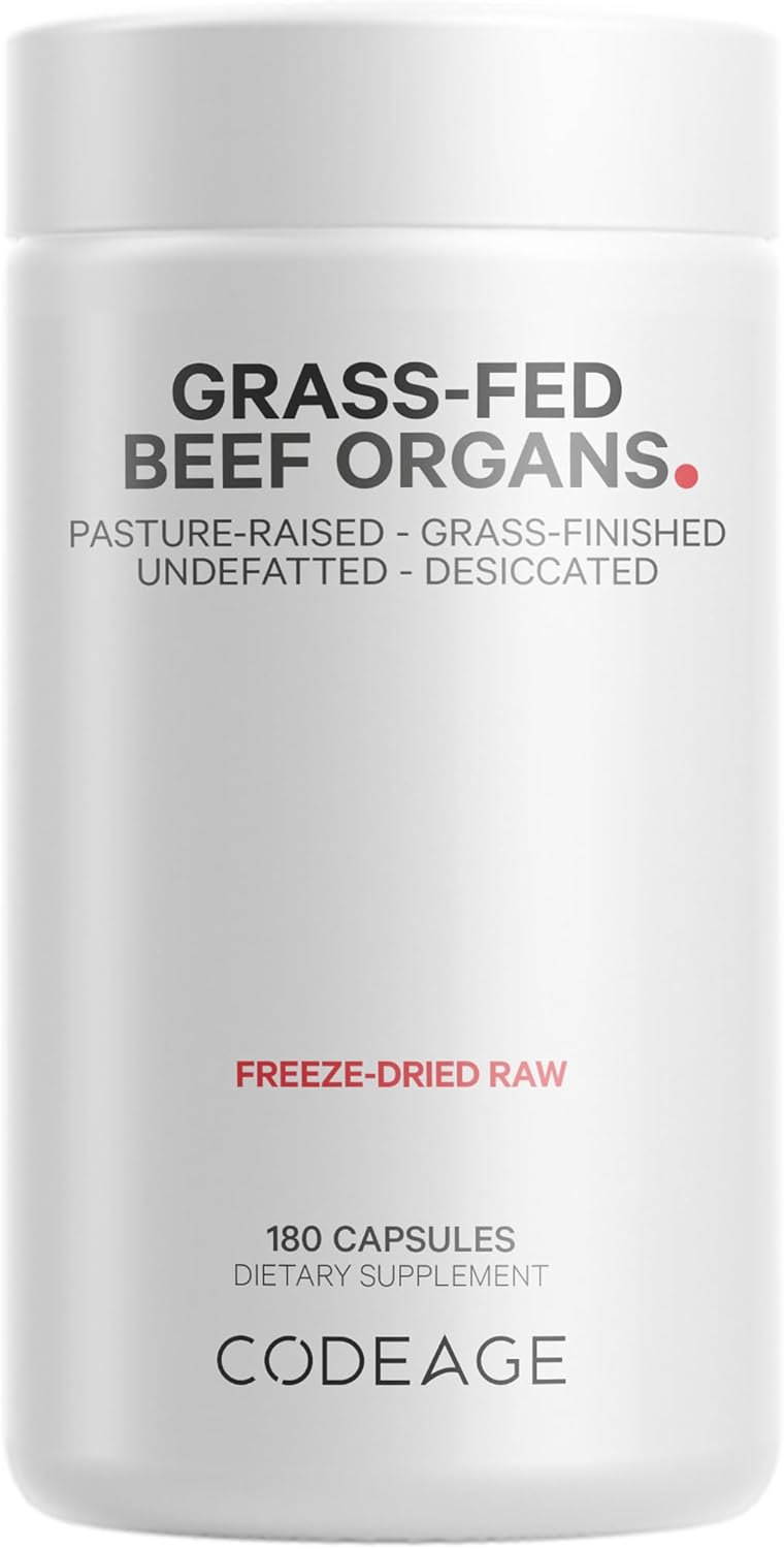 Codeage Grass Fed Beef Organs Desiccated, All in one Liver, Heart, Kidney, Pancreas, Spleen, 3000mg per Servings, 180 Capsules