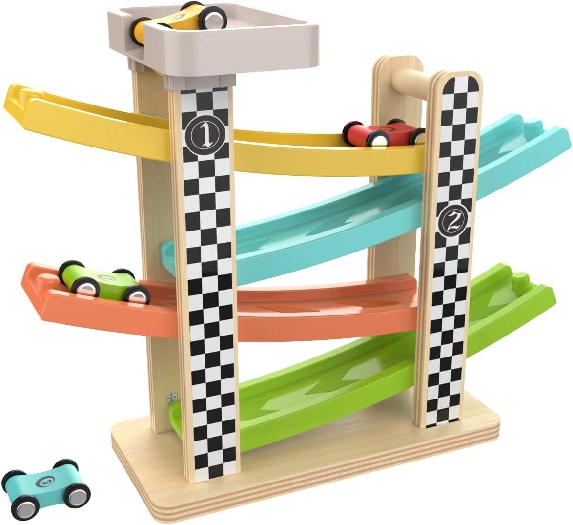 Top Bright Wooden Race Track Car Ramp Racer for 1 2 Year Old Boys Girls Gifts Presents, Toddler Toys with 4 Mini Cars
