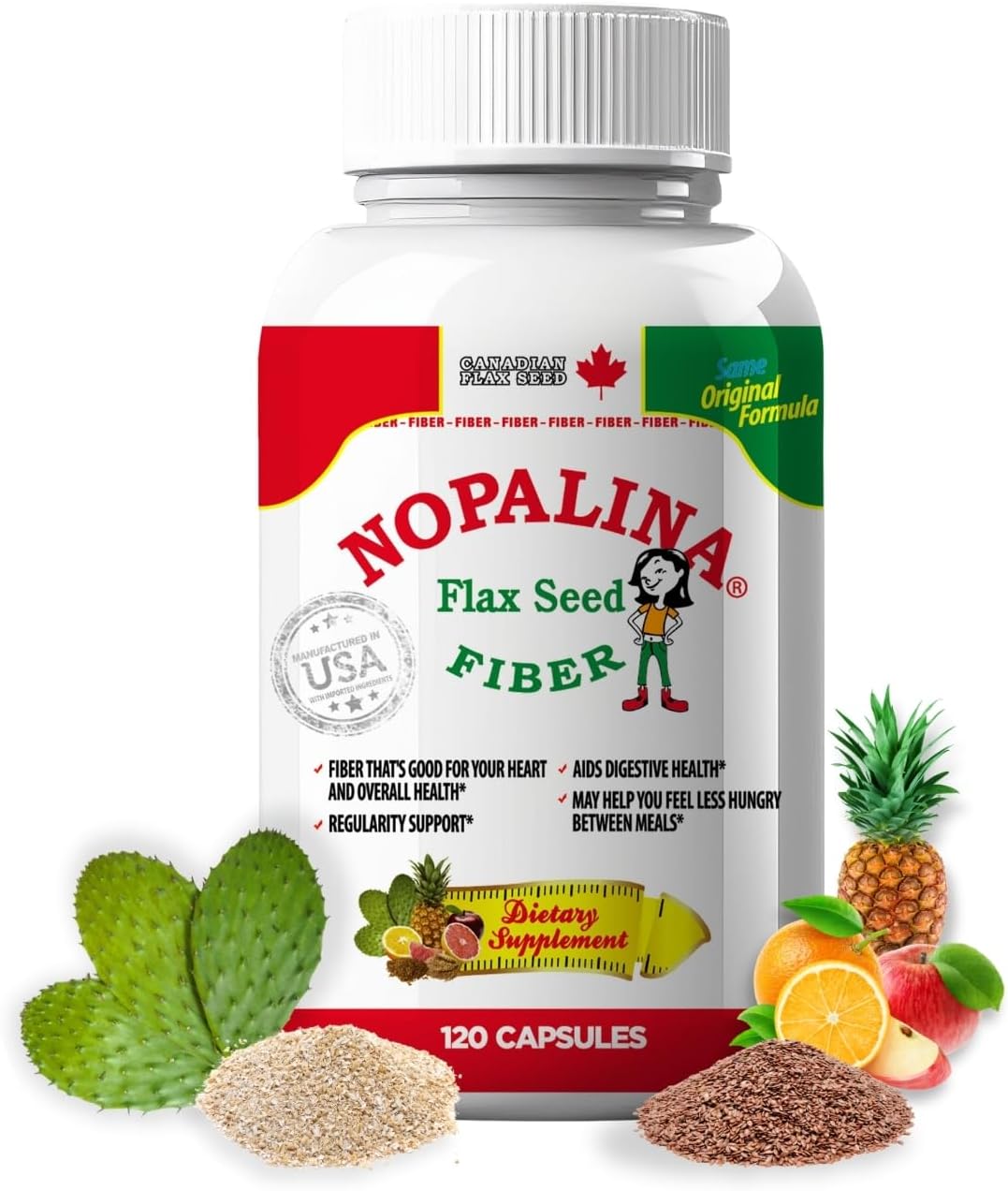 Nopalina Fiber Formula | 120 Capsules | Flax Seed, Psyllium, Oat and Wheat Bran, Omega 3, 6 & 9 | Gut Health & Regularity | The Original