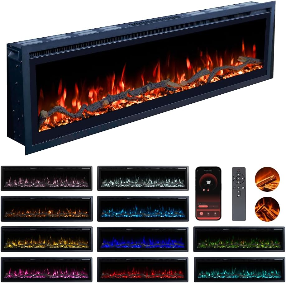 Valine Fires Recessed Electric Freestanding Fireplace UltraSlim Heater 60"/152cm, Wall-Mounted Fireplace for Media Wall, Electric Fire with 15 LED Flame Colours, Remote Control & Real Logs, 900W/1800W