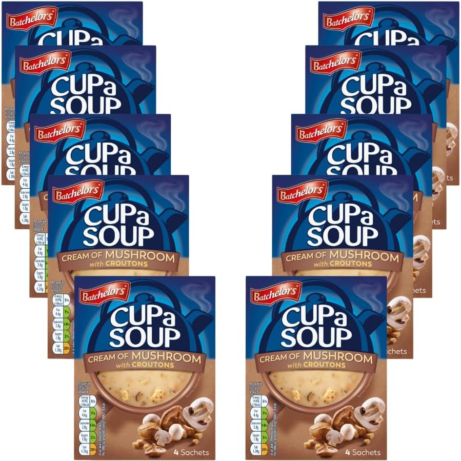 Instant Soup Bundle with Batchelors Cup A Soup Cream Of Mushroom with Croutons 96g - 10 Pack | Instant Mushroom Soup with Croutons, Low In Fat and Sugar, Suitable For Vegetarians.
