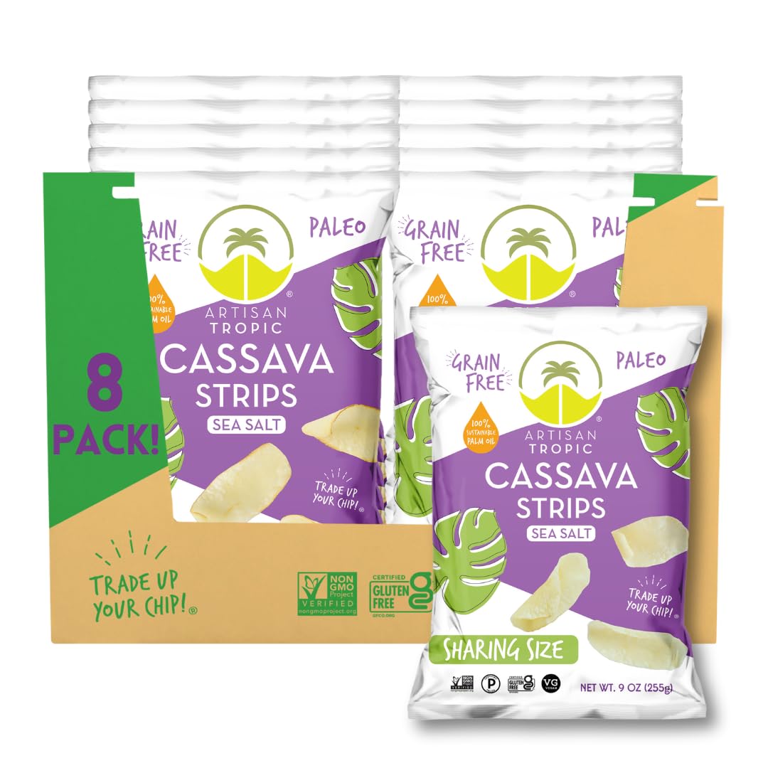 ARTISAN TROPIC Cassava Strips Sea Salt - 8 Pack, 9oz - Vegan, Paleo, Gluten Free Chips – Non-GMO Healthy Snack Potato Chip Alternative for Lunches, Dipping, Parties - Baked Cassava Flour Chips