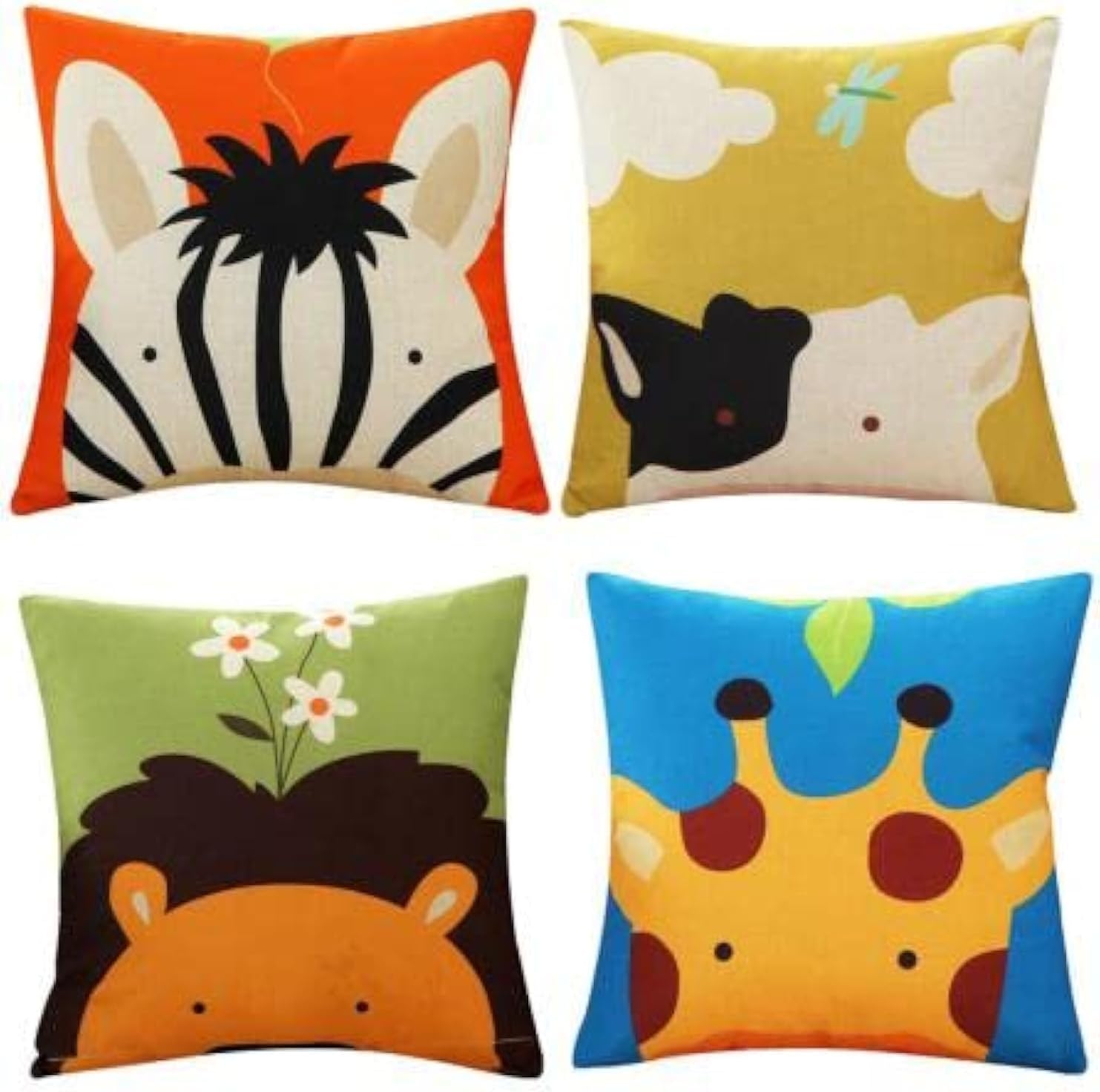 ADAKEL 4 Pack Animal Cushion Covers Childrens Cushions Cartoon Throw Pillow Covers Kids Pillow Case Cover for Bedroom Home Decor,18 x 18 Inch