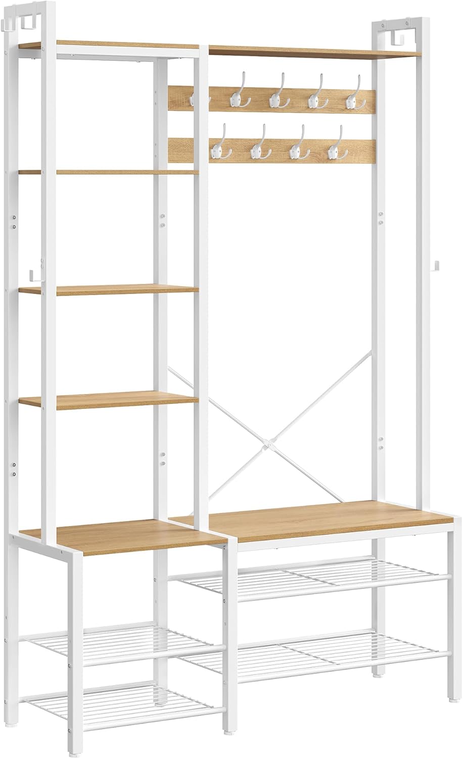 VASAGLE Hall Tree with Bench and Shoe Storage, Hallway Coat Rack with Shoe Bench and 5 Storage Shelves, 9 Coat Hooks and 6 Side Hooks, 140 x 120 x 190 cm, Golden Oak and Cloud White HSR426Y01