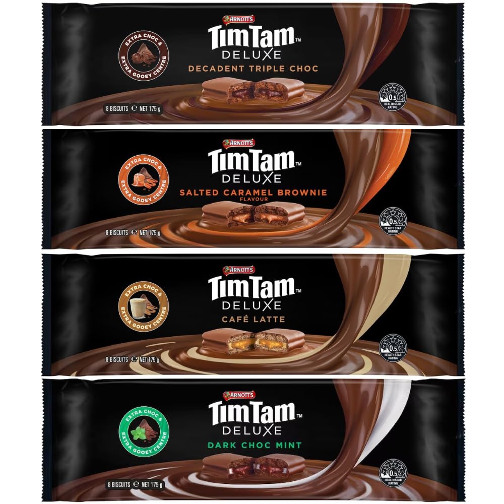 Tim Tam Deluxe Chocolate Biscuits Variety Pack | 4 Flavours – Decadent Triple Choc, Salted Caramel Brownie, Café Latte & Dark Choc Mint | 4 x 175g Packs | Imported Australian Cookies | Extra Choc & Gooey Centre