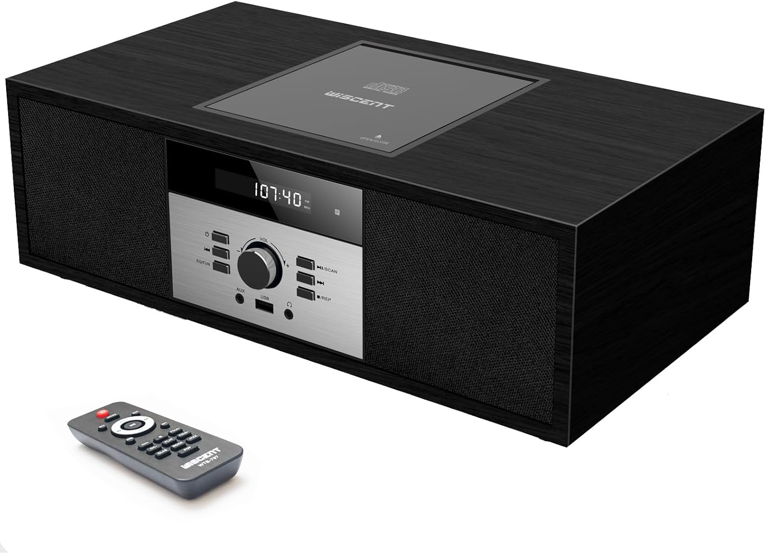 WISCENT Bluetooth Vintage Style Retro Look Micro Audio Streaming CD Player System,with Bluetooth,USB Port,FM Stereo,AUX Input,Remote Control,CD Players for Home (Black)