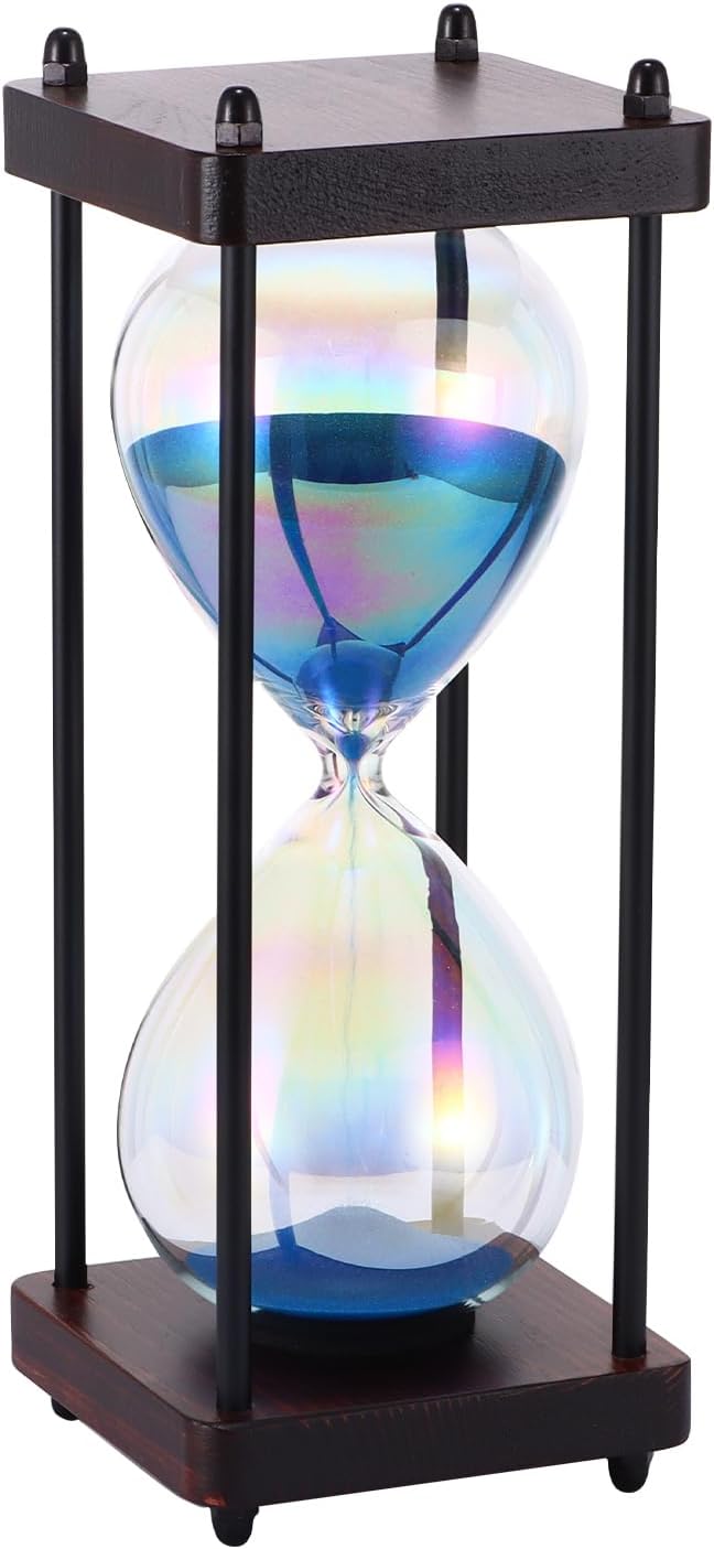 Elegant Rainbow Glass Hourglass Hourglass Large 30 Minutes Hourglass Giant Sand with Fine Blue Glitter Sand Refined with Wooden Stands for Home Kitchen Office Wedding Decoration
