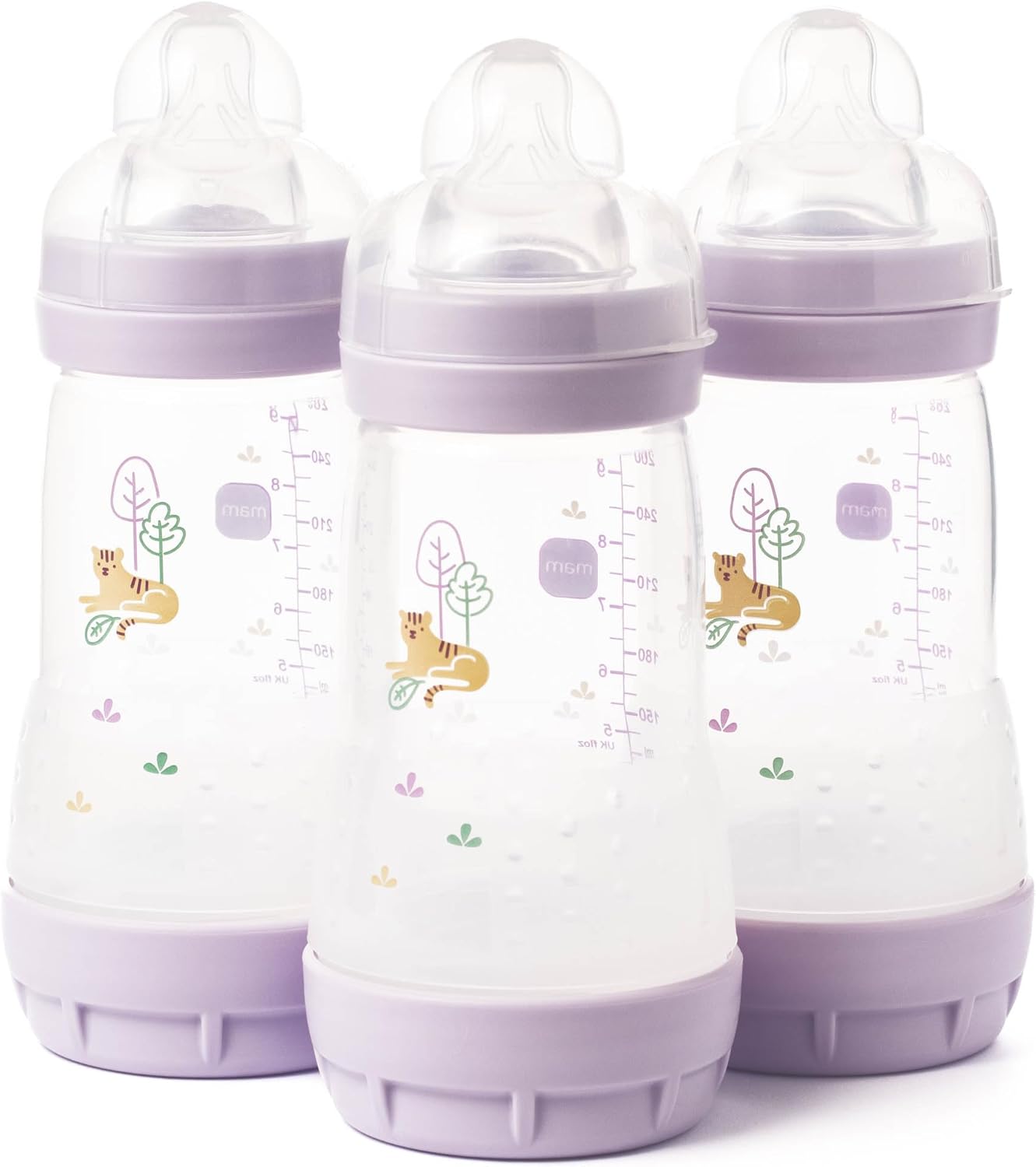 MAM Easy Start Anti-Colic Baby Bottles | 3 Pack (3 x 260) | Self-Sterilising Baby Milk Bottle | Medium Flow MAM Teats Size 2 | Newborn Essentials | Pink (Various Designs)