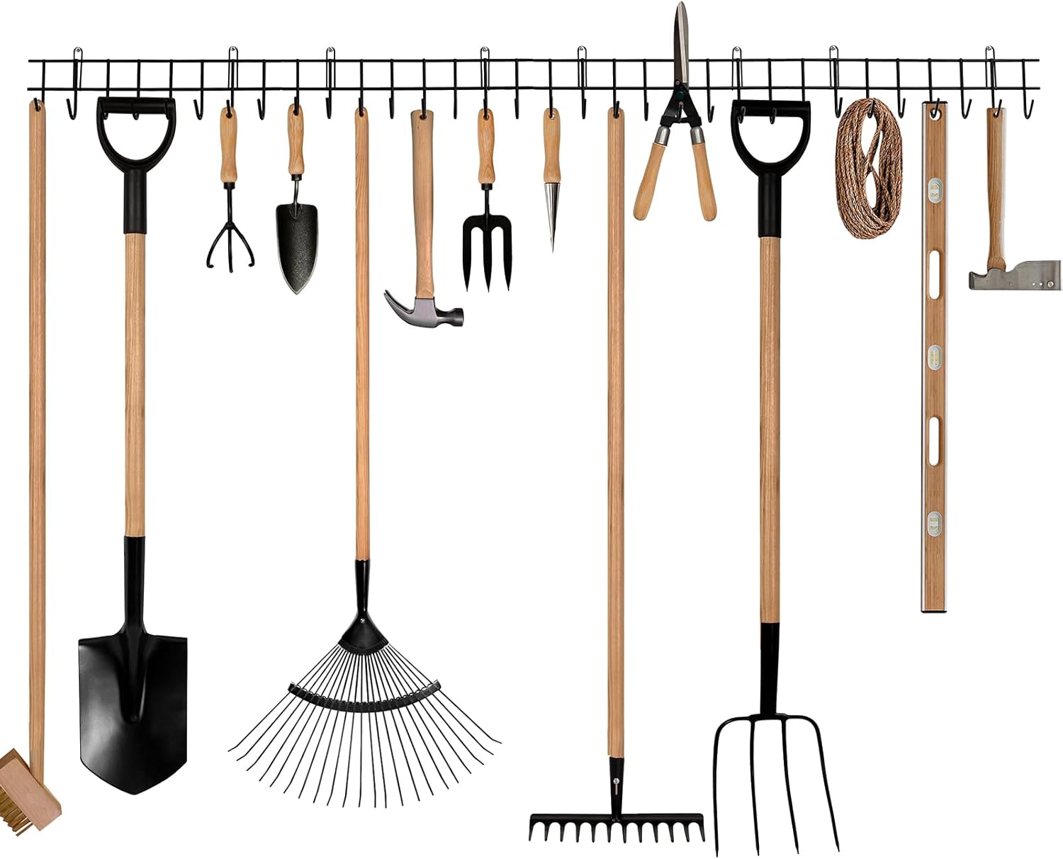 Garden Tool Rack Garage Tool Organiser Wall Mount Garden Tool Holder Garage Storage Rack Yard Tool Hangers Heavy-Duty Hooks Wall Storage Rack Holds Garden Tools, Shovels, Rakes, Hoses, Ropes 160cm