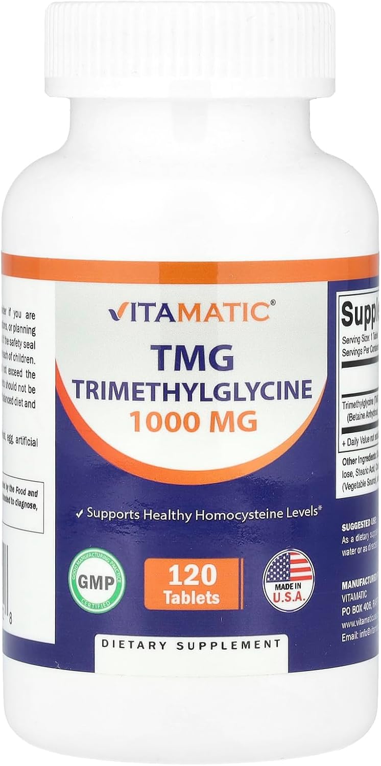 Vitamatic TMG Supplements 1000mg - Trimethylglycine - Betaine Anhydrous - 120 Tablets - 120 Servings - Non-GMO & Gluten Free