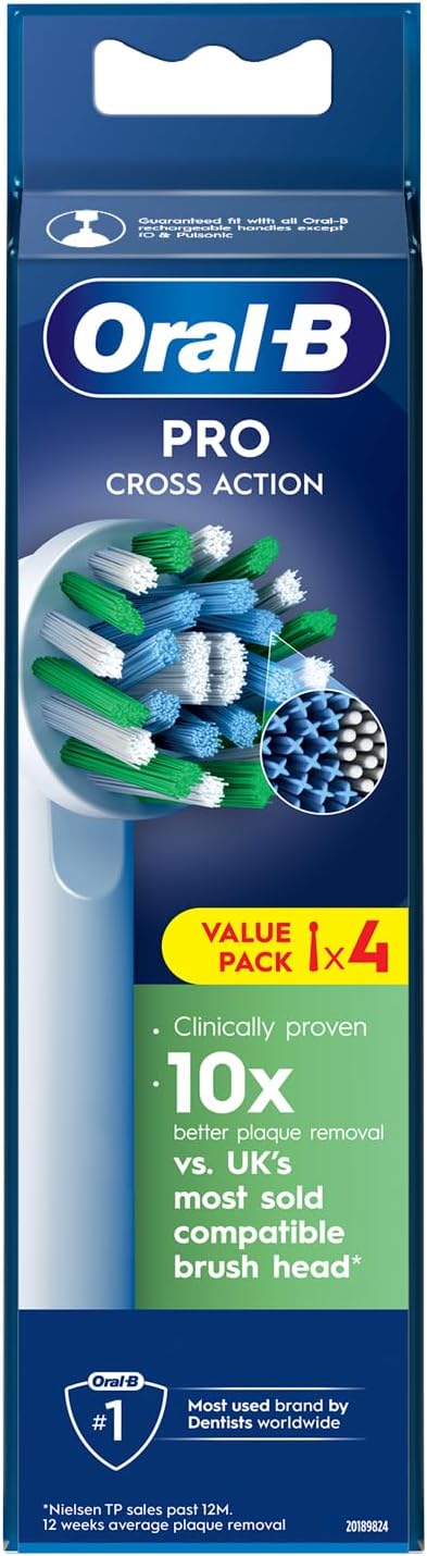 Oral-B Pro Cross Action Electric Toothbrush Head, X-Shape and Angled Bristles for Deeper Plaque Removal, Pack of 4