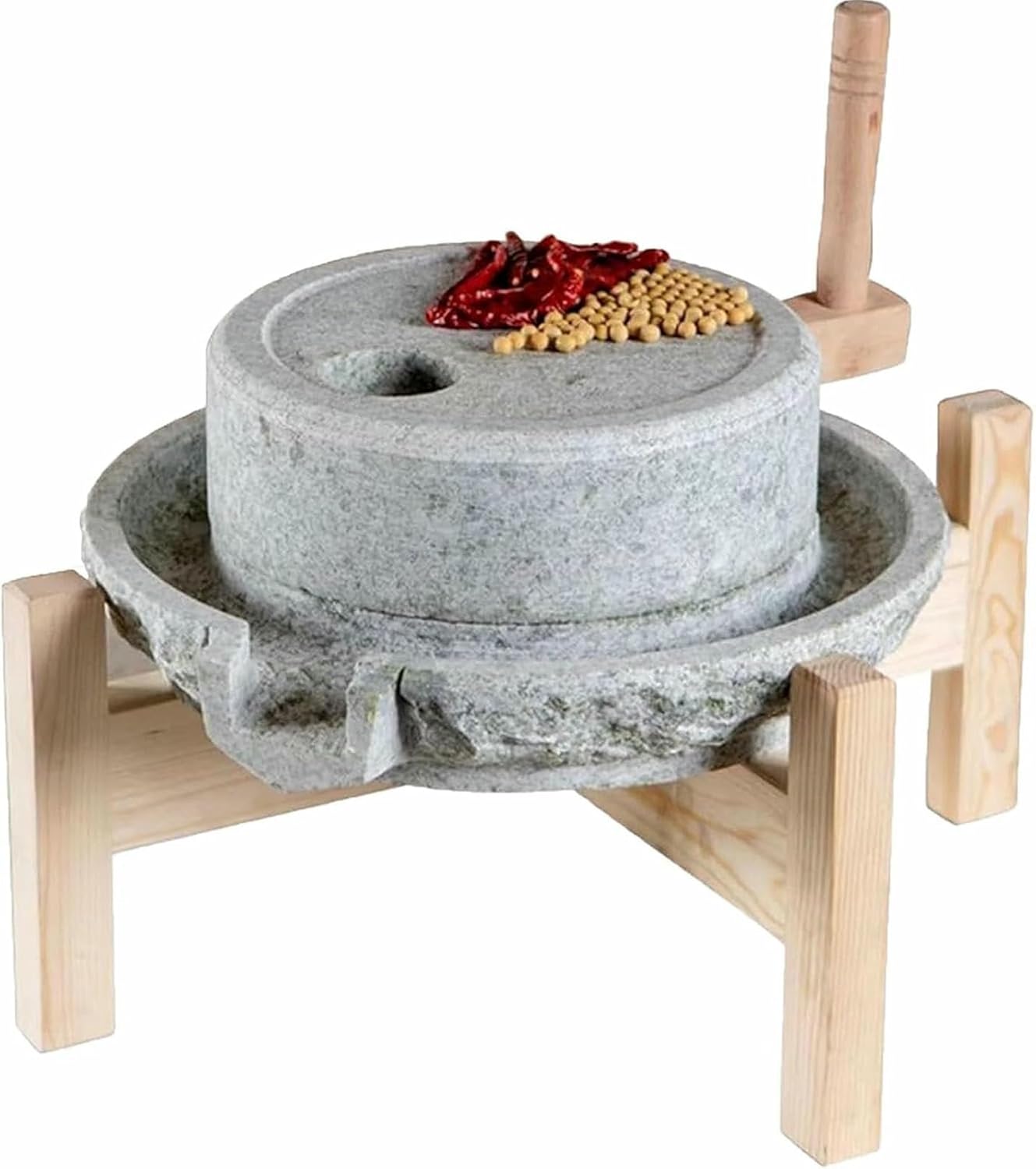 Hand Grain Mill Grinder for Flour, Stone Grainer Mill with Wooden Frame, Dry/Wet Mills,Stone Grain Mill, for Grain Bean Barley Spice