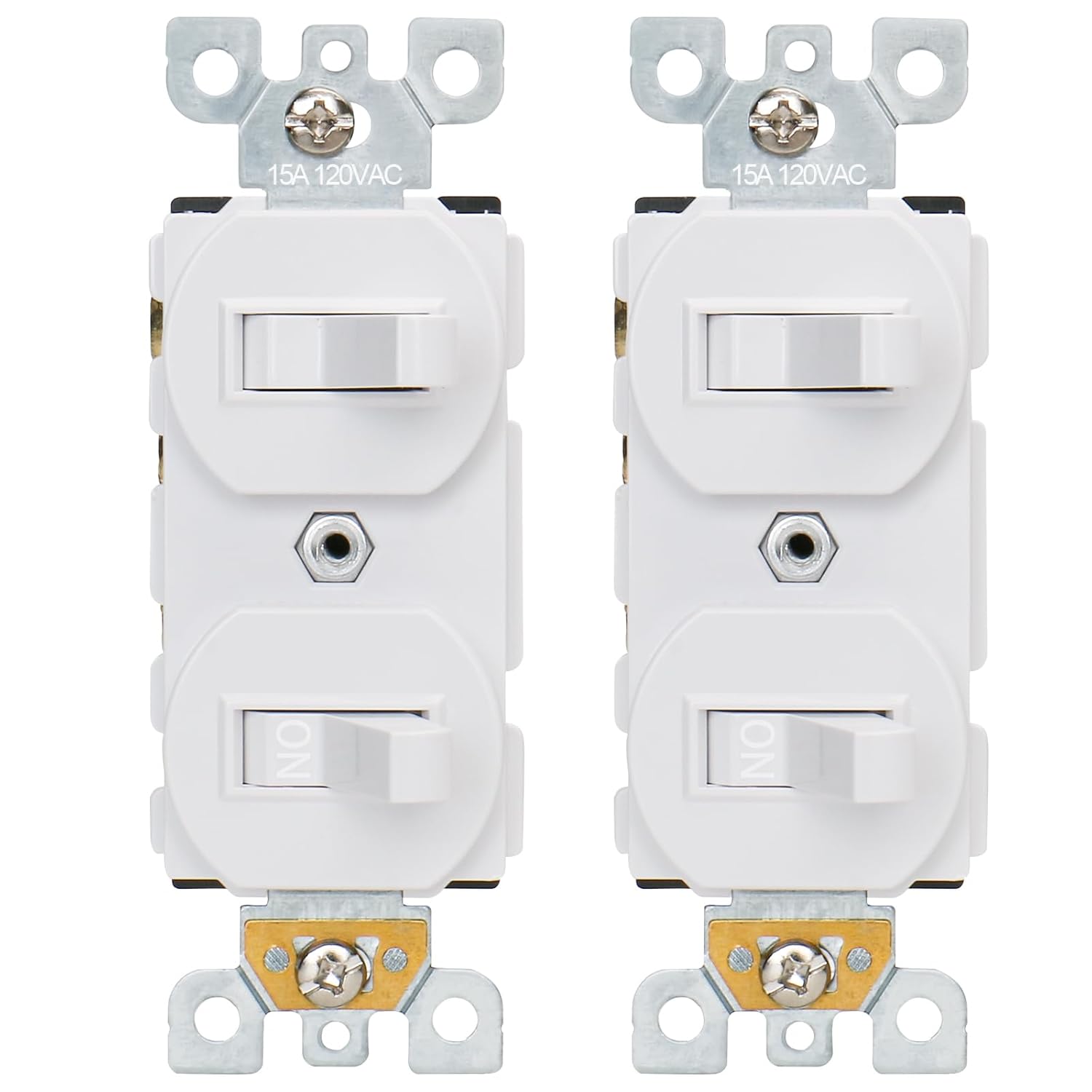 Baomain Double Toggle Light Switch,15 Amp 120V Two Single Pole Residential Grade,On/Off Electrical Wall Switch Self-grounding, Glossy White ETL Listed (Two Single Pole, 2)