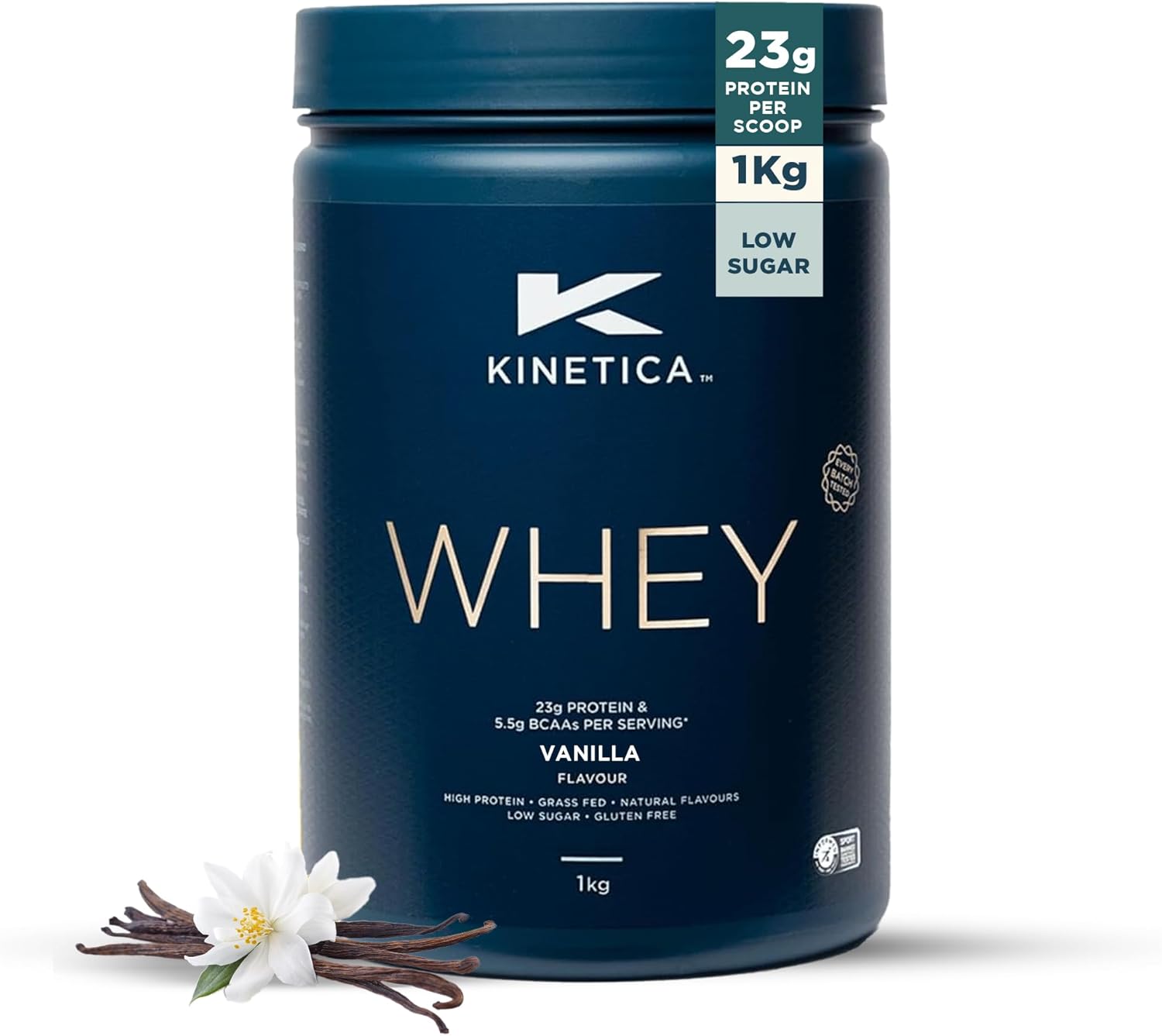 Kinetica Sports Whey Protein Powder - Vanilla Flavour | 23g Protein/Serve, 33 Servings/1Kg Pack | Gluten Free Supplement | Optimum for Muscle Growth & Recovery | Mixes Well with Water, Milk & Shakes