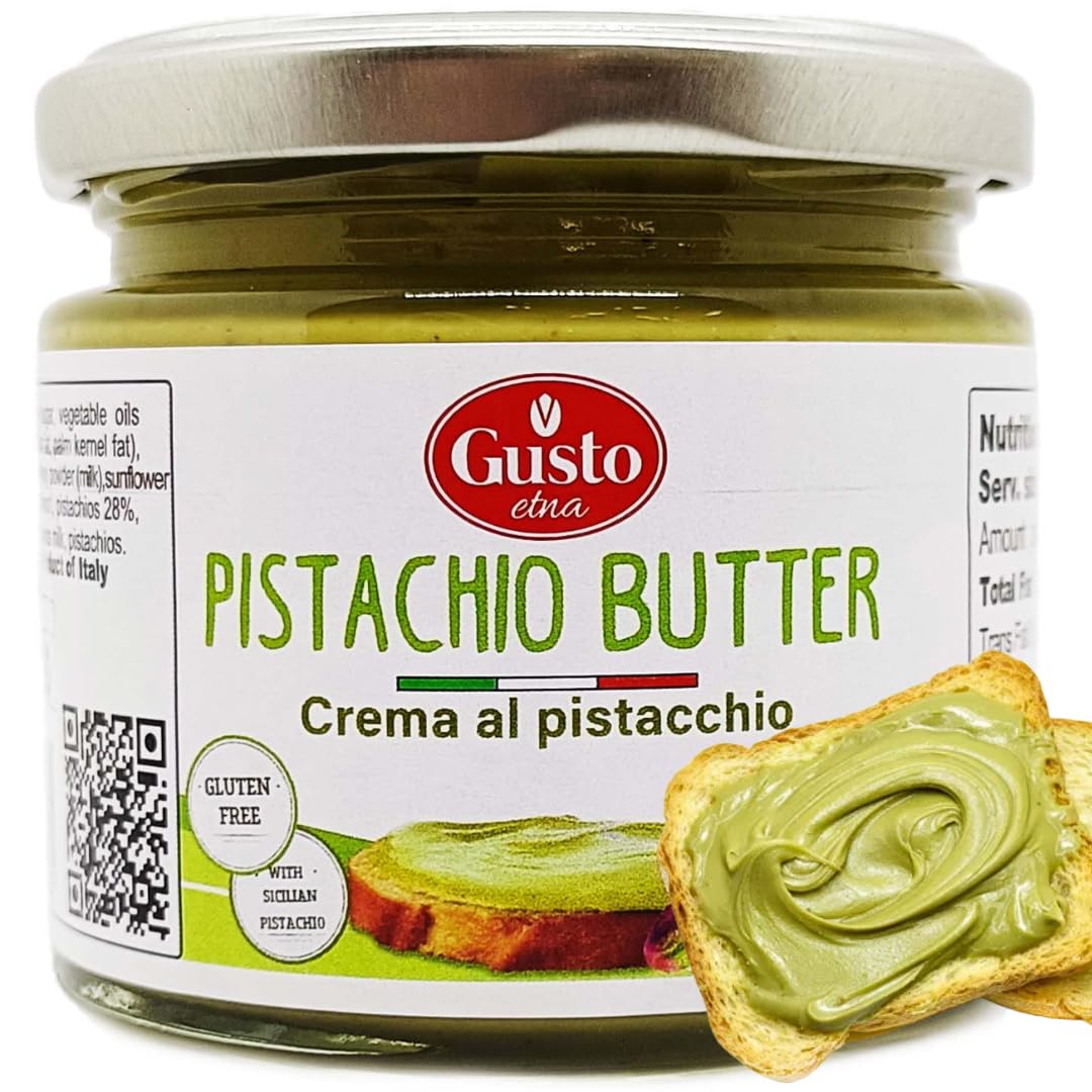 GUSTO ETNA Pistachio Butter Sweet Spreadable Cream, 6.7 oz (190g) Rich & Nutty Pistachios Cream for Knafeh Dubai Pistachio Chocolate Bars, Product of Sicily, Italy, No GMO