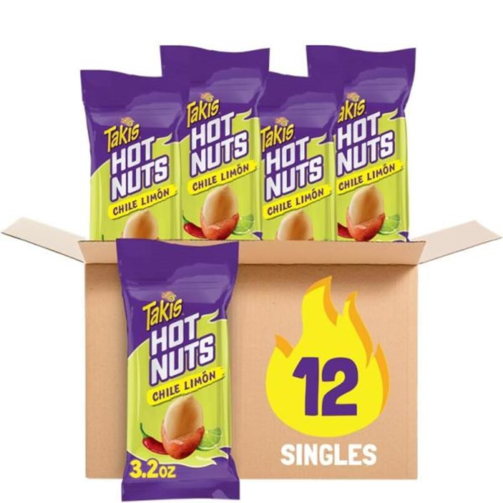 Takis Flare Hot Nuts 12 pc / 3.2 oz Snack Size Box, Chili Pepper & Lime Flavored Medium Spicy Double-Crunch Peanuts.