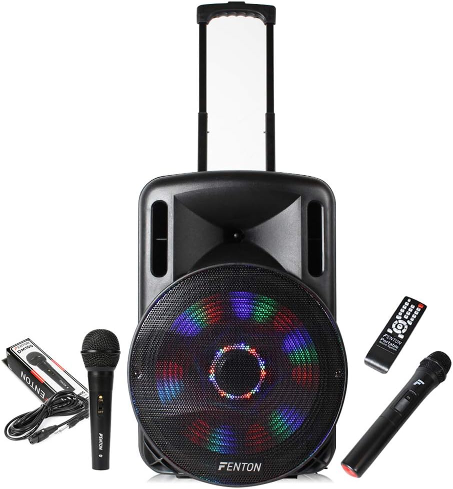 Fenton FT15LED Portable PA System with Wireless & Wired Mics, 15" Battery Powered Speaker, Wireless Portable Sound for Events, Parties and Presentations