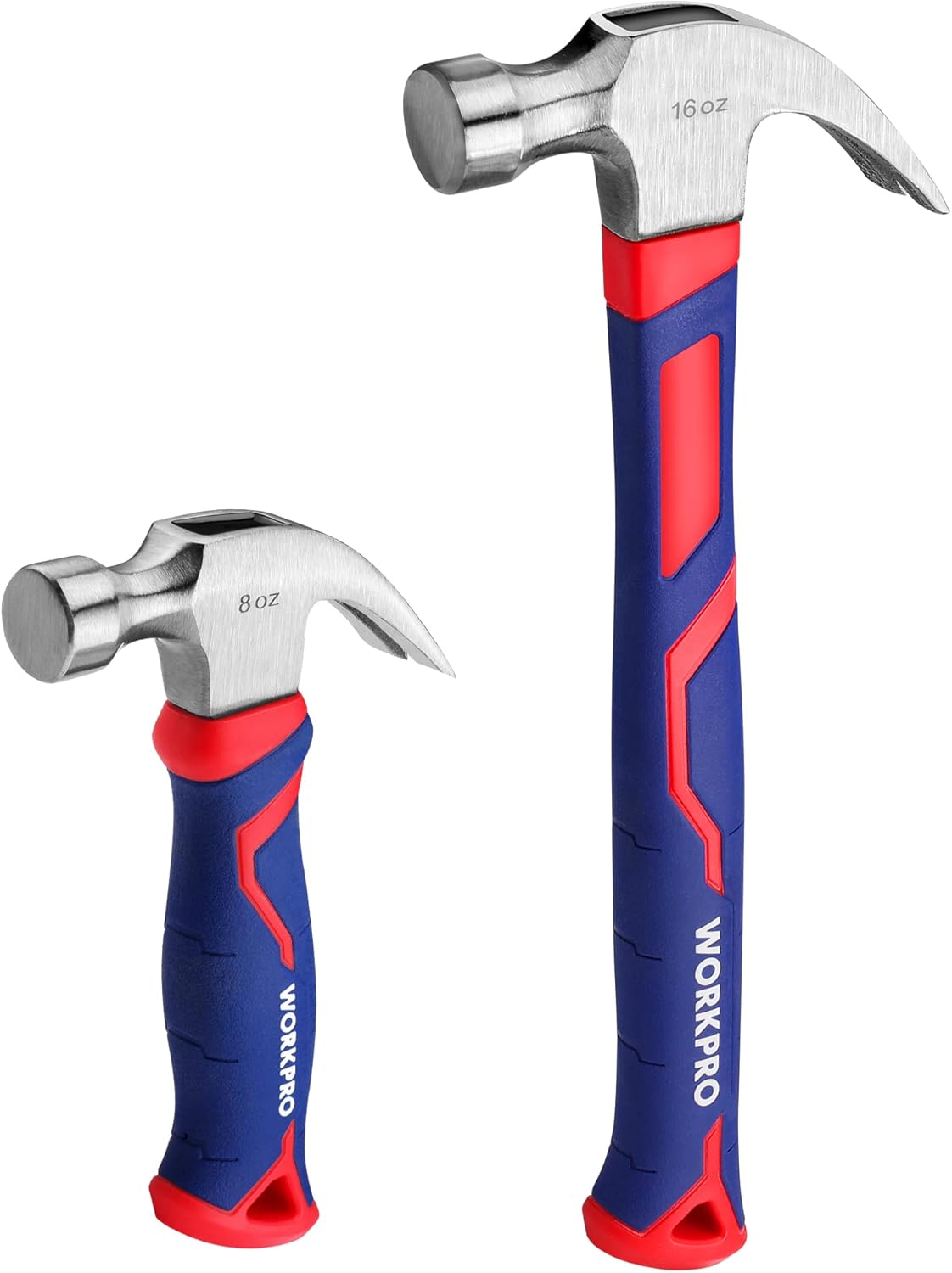 WORKPRO 2-Piece Claw Hammer Set, 8 oz Mini Stubby & 16 oz Fiberglass General Purpose, Soft Nonslip Handle & Heat Treated Head