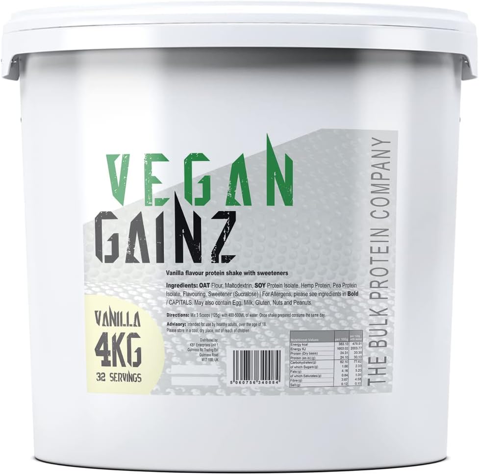 Vegan Gainz 4kg - Plant Based Protein Powder - Weight Gainer- 32 Servings & 30g Protein Per Serving - The Bulk Protein Company (Vanilla)