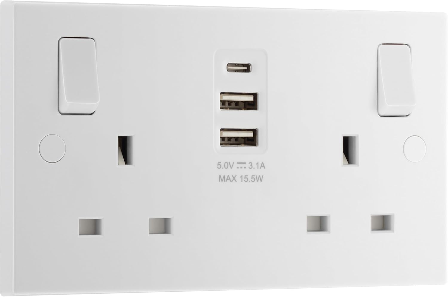 BG Electrical Double Switched Power Wall Plug Socket with Two Type A and Single Type C USB Charging Ports, Square Edge, Nexus 900 Series, White Moulded, 13A, 15W, 922UAAC15