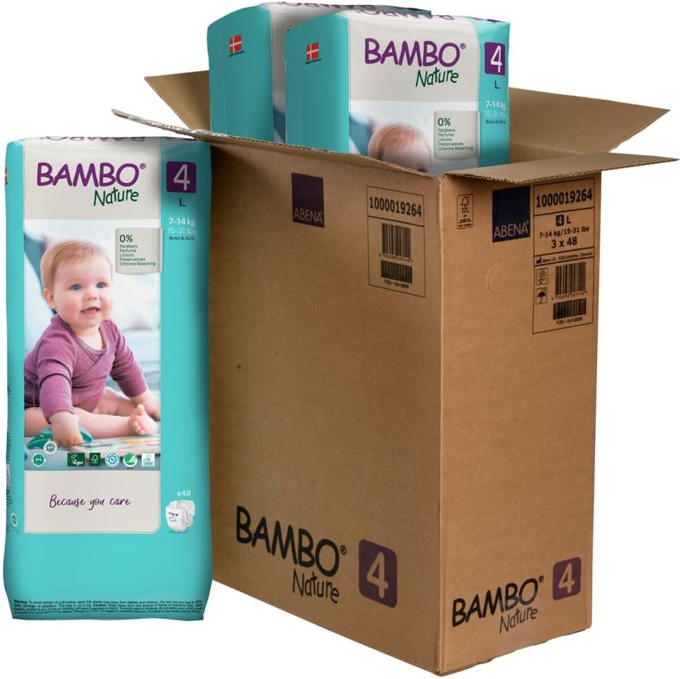 Bambo Nature Hypoallergenic Baby Diapers, Eco-Labeled Diapers, Enhanced Leakage Protection, Totally Chlorine-Free, Skin Friendly, and Super Absorbent - Size 4 (144 Count)