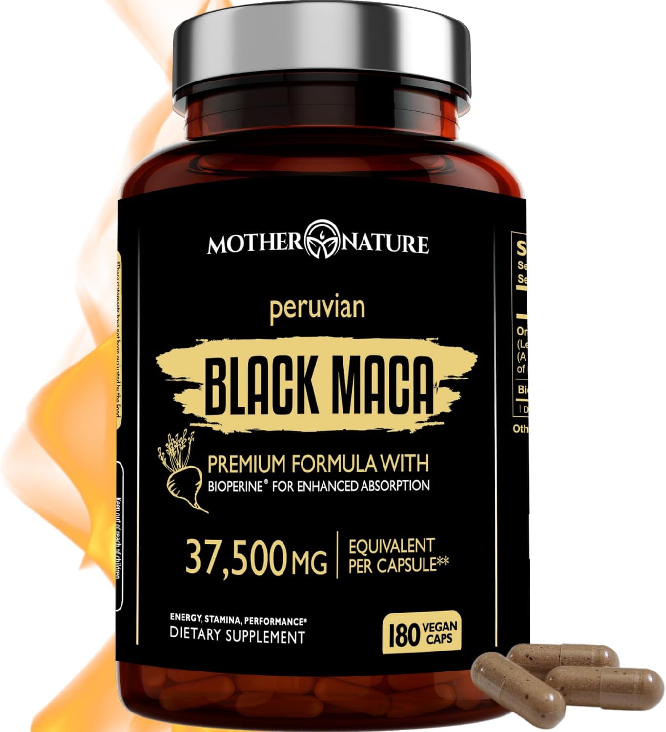 Mother Nature 37,500mg 50x Strength Organic Highly Concentrated Peruvian Black Maca Root Capsules for Men 100% Pure Maca Peruana 50:1 Extract to Boost Stamina, Enegy, Muscle Gain - 180ct