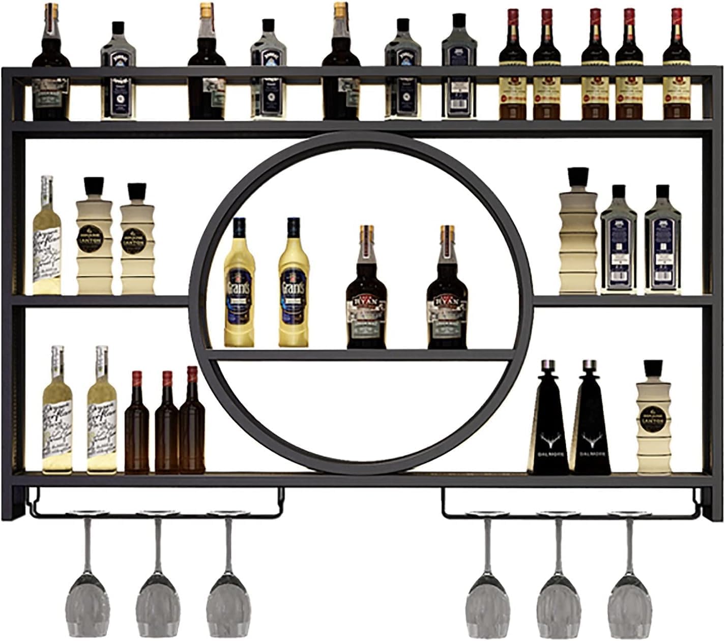 Modern Metal Wall Mounted Wine Display Rack, Hanging Industrial Round Wine Racks, Bar Unit Floating Shelves, Glass Rack Iron Display Stand for Home, Restaurant, Bars (Black,120x15x80cm/47x5.9x31in)