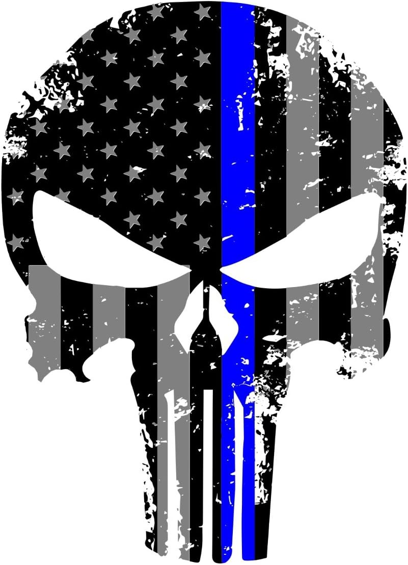 K9King Punisher Skull 5.5 x 4 Inch Tattered Subdued Us Flag Reflective Decal with Thin Blue Line for Cars, Trucks, Laptops and More Thin Blue Line Sticker Police US Flag Enforcement Blue Lives Matter