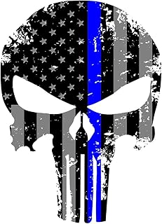 K9King Punisher Skull 5.5 x 4 Inch Tattered Subdued Us Flag Reflective Decal with Thin Blue Line for Cars, Trucks, Laptops and More Thin Blue Line Sticker Police US Flag Enforcement Blue Lives Matter