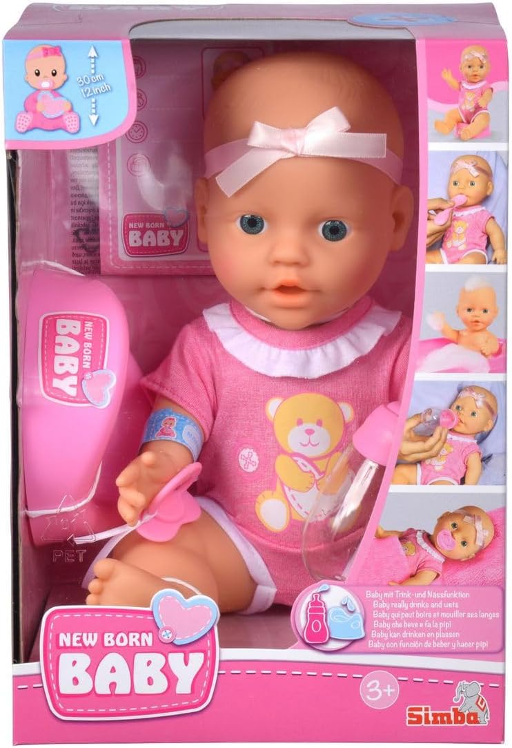 Simba 105030069 New Born Baby Doll, Full Vinyl Doll with Drinking and Wet Function, with Birth Certificate and Accessories, 4 Pieces, 30 cm, Baby Doll, from 3 Years