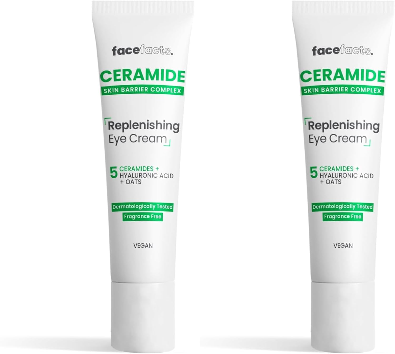 Face Facts Ceramide Eye Cream; Hydrates delicate skin; Strengthens skin barrier, reduces puffiness and dark circles; 5 Ceramides, Hyaluronic Acid, soothing Oats, Glycerin and Vitamin E; 15ml
