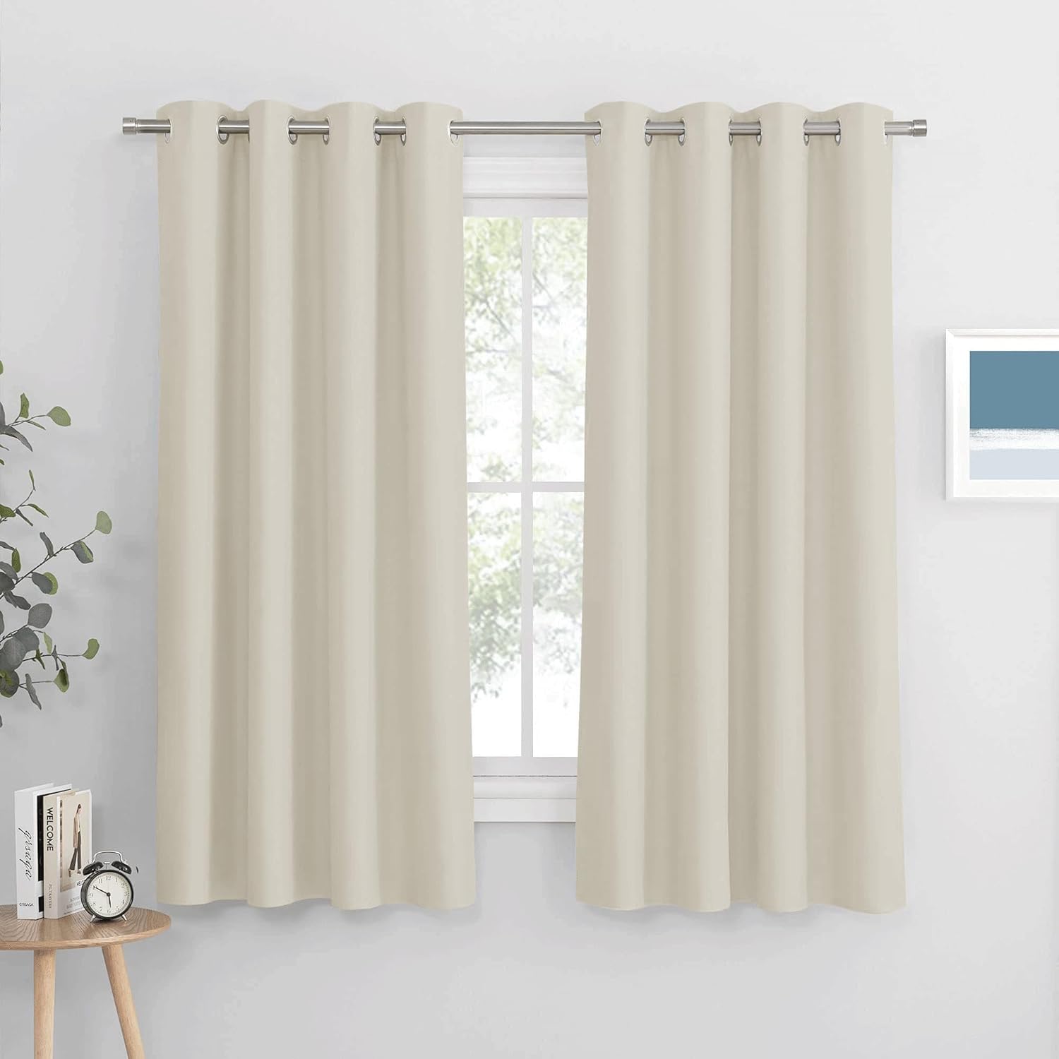 PONY DANCE Light Beige Thermal Insulated Curtains with Eyelet - Short Energy Saving Window Treatment for Home Decor Cream Privacy Protected Drapes for Kitchen/Cafe/Caravan, 52 x 63 Inches, 2 Panels