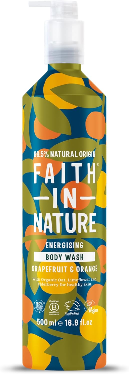 Faith In Nature 500ml Metal Bottle Natural Grapefruit and Orange Body Wash, Energising Shower Gel, Vegan and Cruelty Free, No SLS or Parabens