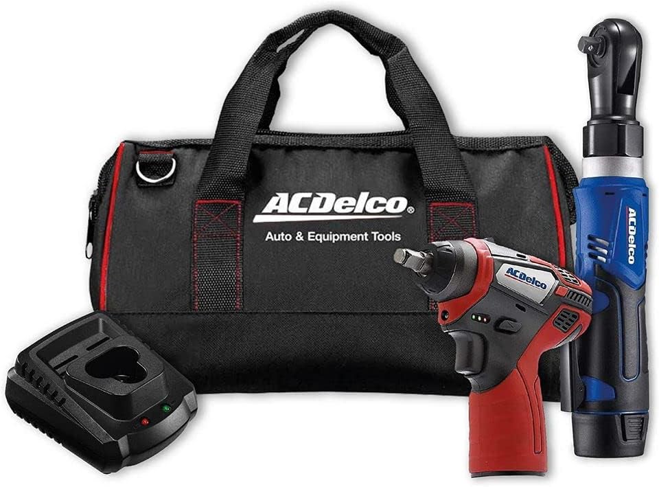ACDelco ARW1209-K14 G12 Lithium-Ion 12V (10.8V) Electric 3/8” Cordless Ratchet Wrench & 3/8" Impact Wrench Set Power Tool Combo Kit | Tool Set Includes x1 Battery Pack, Charger & Canvas Bag