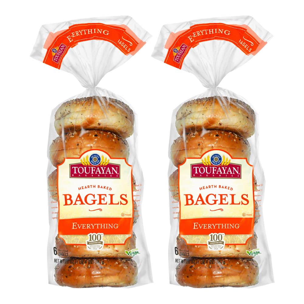 Toufayan Everything Pre‑Sliced Bagels – Vegan, Kosher, 2 Packs (12 Bagels Total), Soft Texture, Great for Breakfast or Sandwiches