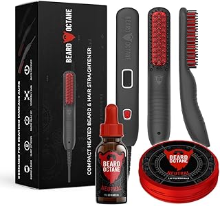 Beard Octane: Beard Straightener Smooth & Style Kit - Natural Beard Balm & Beard Oil w/Argan Oil - Unscented - Ceramic Heated Straightener Brush - Gift for Dad