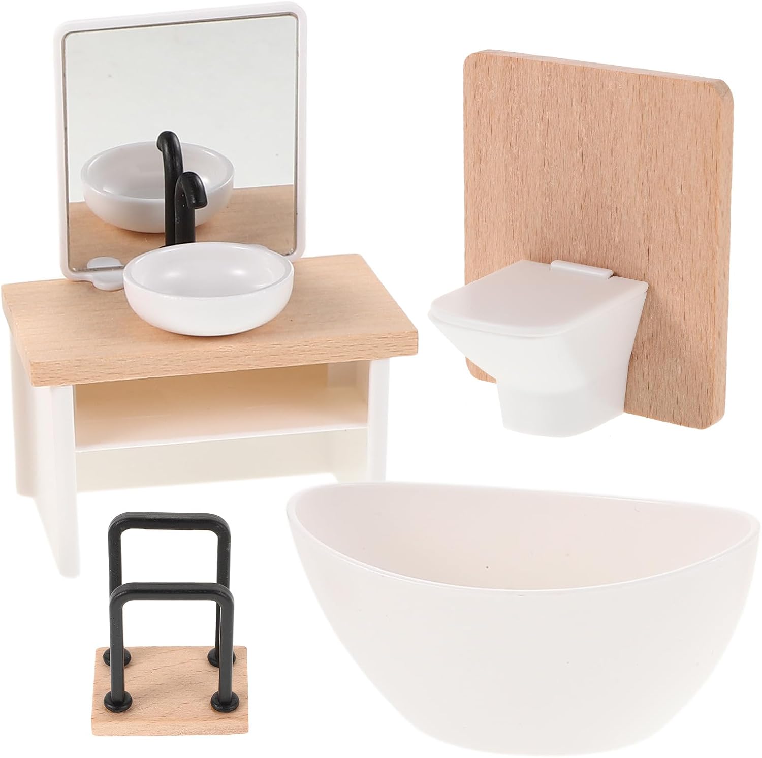 Dollhouse Bathroom Set: 1:12 Scale Shower Room Model Miniature Toilet Bathtub Basin Cabinet with Sink for Dollhouse Accessories