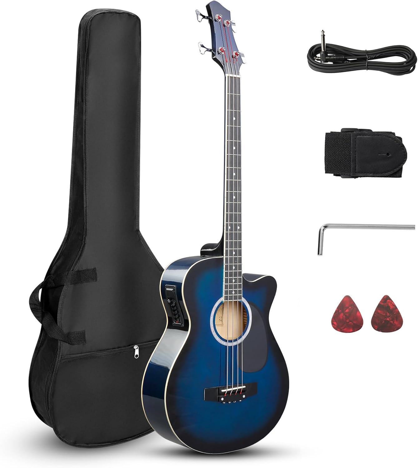 Ktaxon 4 String Acoustic Bass Guitar, Full Size Bass Guitar Kit with Portable Guitar Bag, Premium Cable, Wrench, Strap, Plectrum (Blue)