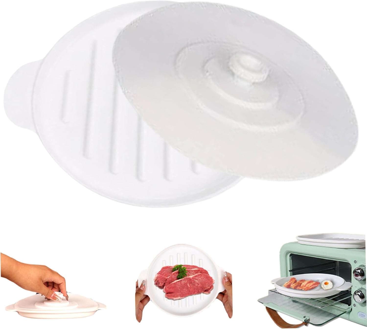 Microwave Bacon Tray with Lid 9.5x7.8 Inch Round Silicone Baking Pan Heat-Resistant Bacon Tray with Dual Ears for Cooking Roasting Steaming Silicone Baking Pan Bacon Pan Bacon Tray Bacon Cooker