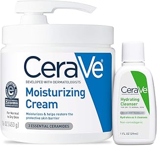 CeraVe Moisturizing Cream Combo Pack, Contains 16 Ounce with Pump & 1 Ounce Hydrating Facial Cleanser, Dry Skin Relief