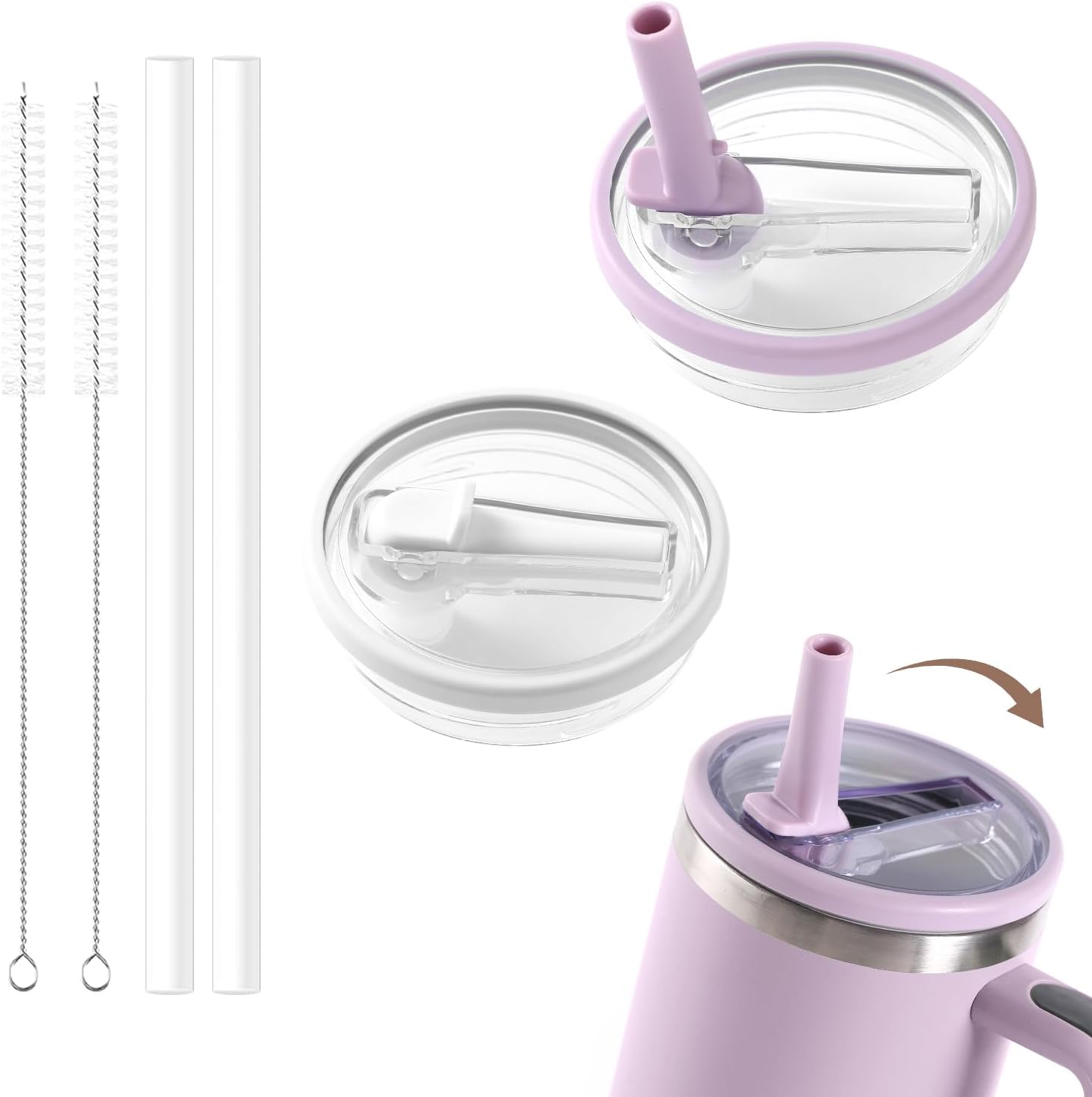 40 oz Stanley Quencher Tumbler Flip Straw Lid - Leak-Proof Splash Resistant Accessories, Compatible Cup Top Replacement Cover (White+Purple)