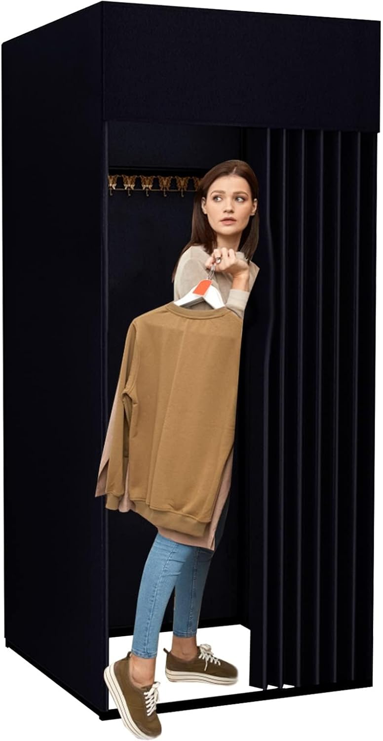 Clothing Store Fitting Room, Portable Dressing Room, Movable Changing Room for Boutique with Shading Fabric Cloth Privacy Curtains Screen for Bar Party Pool (Black)