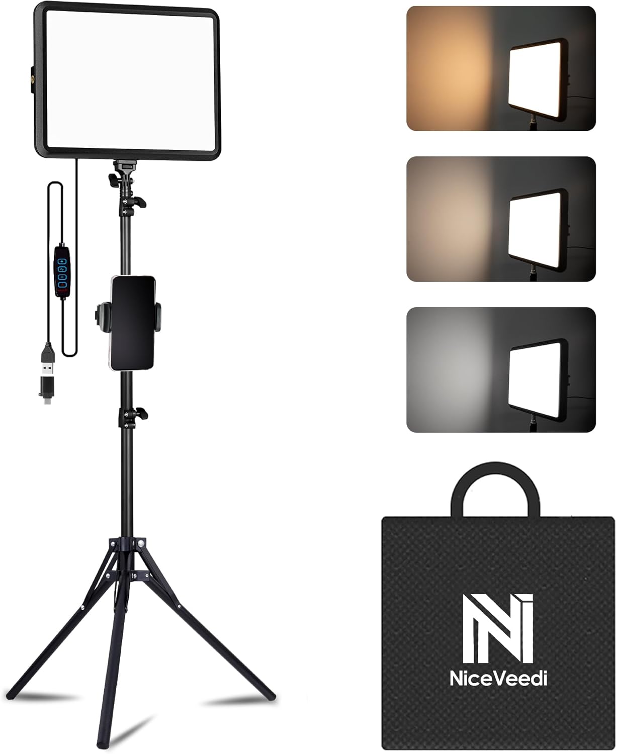 NiceVeedi 1-Pack Photography Lighting Kit, 2800-6500K Bi-Color LED Video Light Kit, Dimmable Studio Light with Tripod Stand & Phone Holder, Light for Video Recording, Game Streaming, YouTube